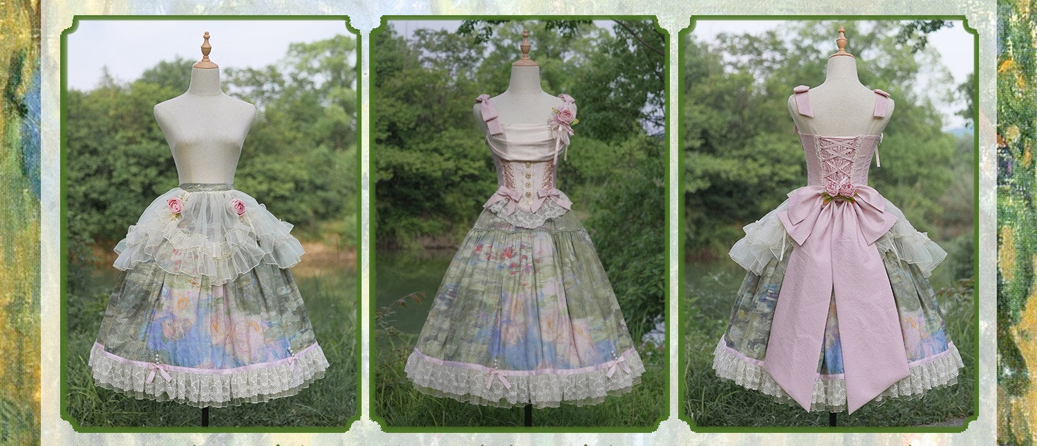 Ensemble Robe et Corset Lolita Classique "Le Jardin de Monet" (Peinture à l'Huile)