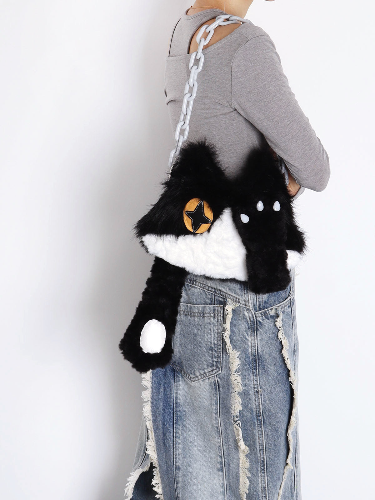 Face-Cover Cow Cat Plush Lolita Crossbody Bag with Chain