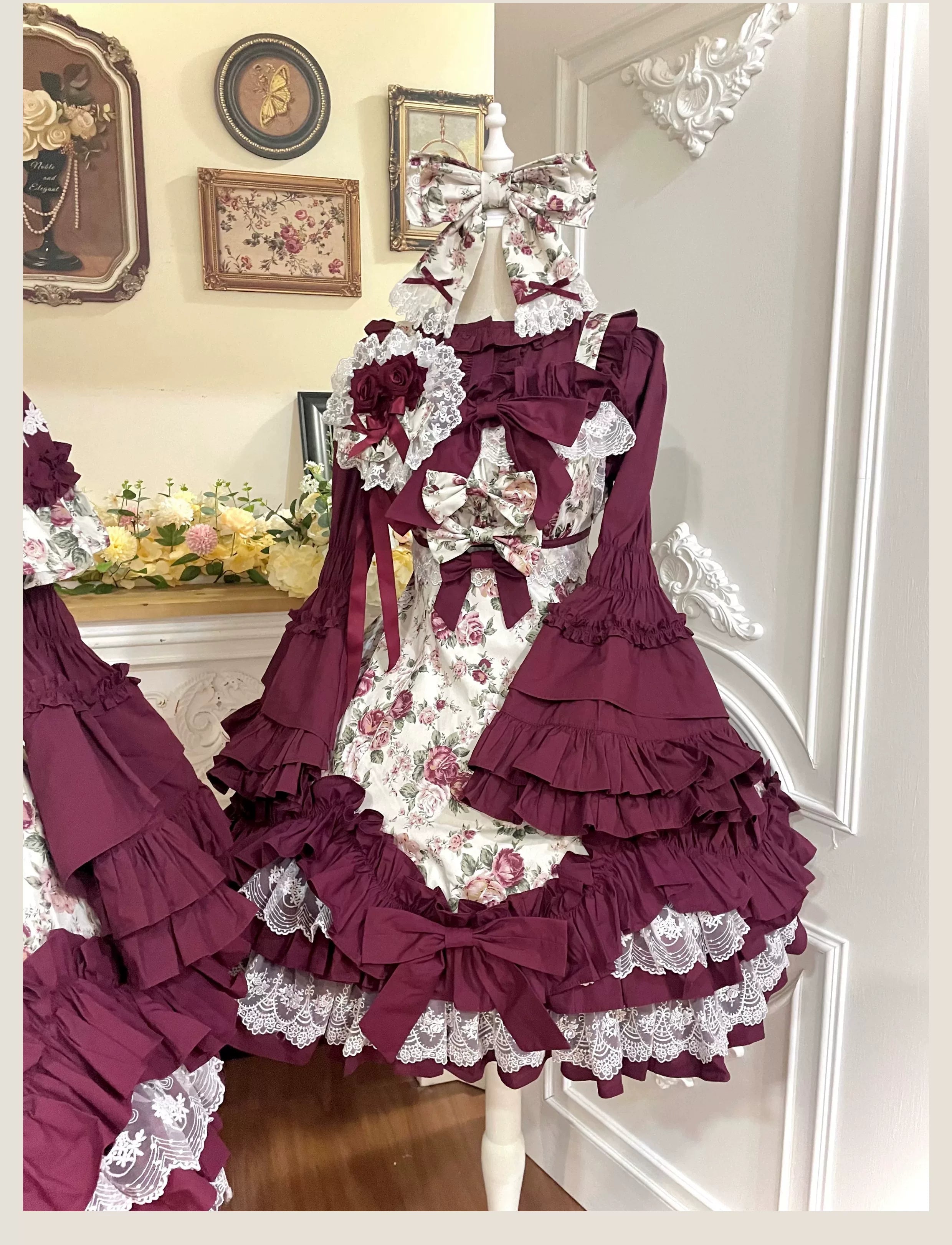 Burgundy Rose Classic Lolita JSK Vintage Japanese Rose Print