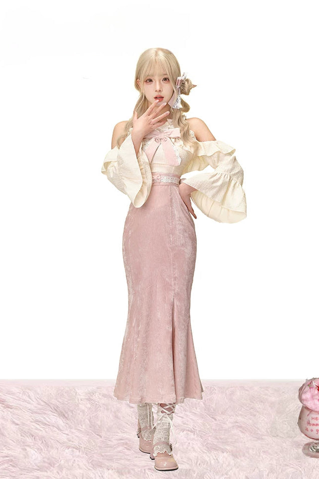 Velvet Sweet Tea Apricot Top & Long Skirt Set