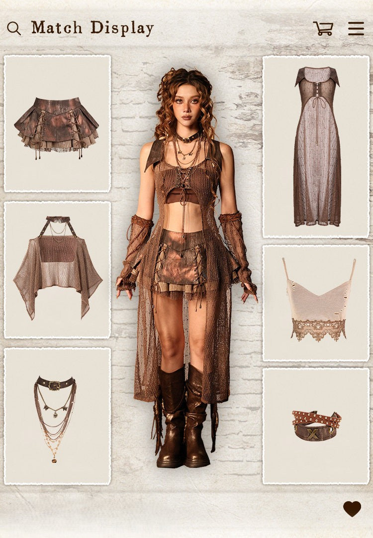 Ember Marks Distressed Foil Lace-Up Layered Mini Skirt with Fishnet Hem