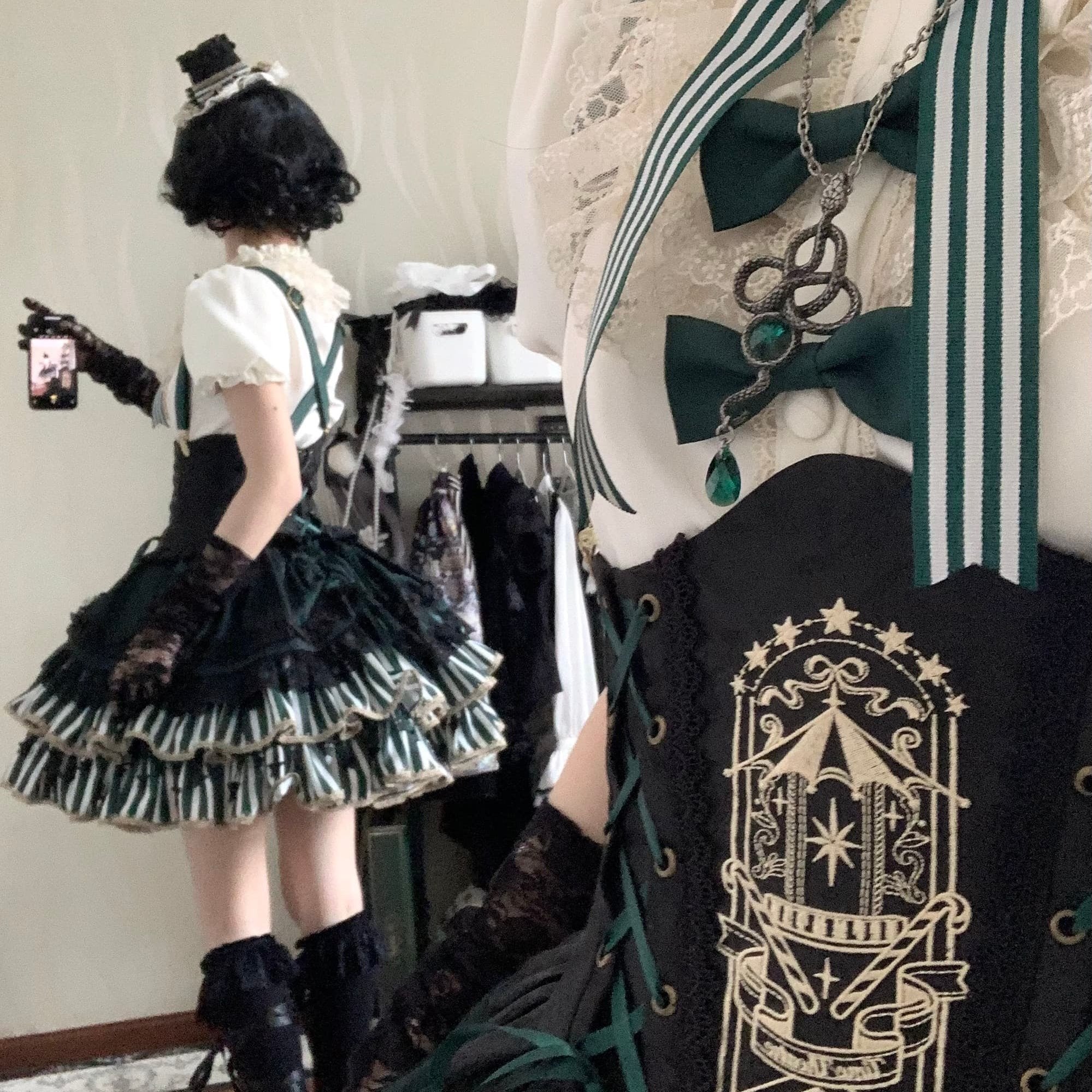 Star Track Academy Lolita Gothic Green Dress Set
