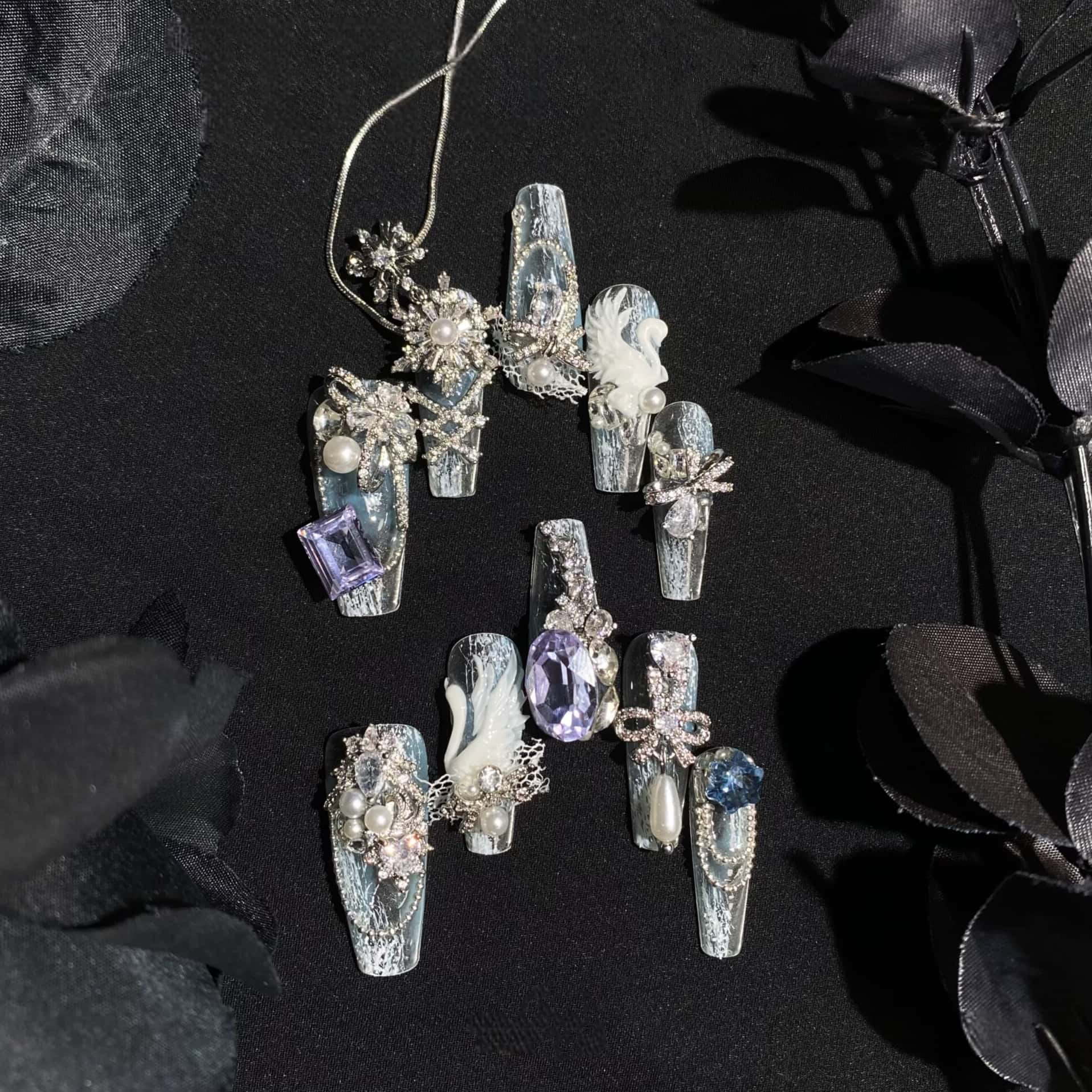 Swan Lake Ice Blue White Gradient Crystal Lolita Nail Art