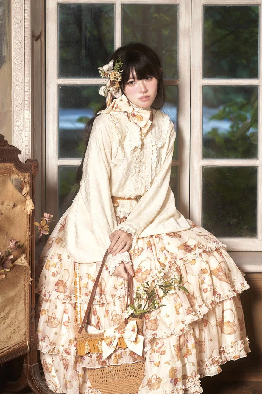 Blossoming Hibiscus Lolita Original Raccoon Sleeve Collar Blouse & Tiered Half Skirt Set