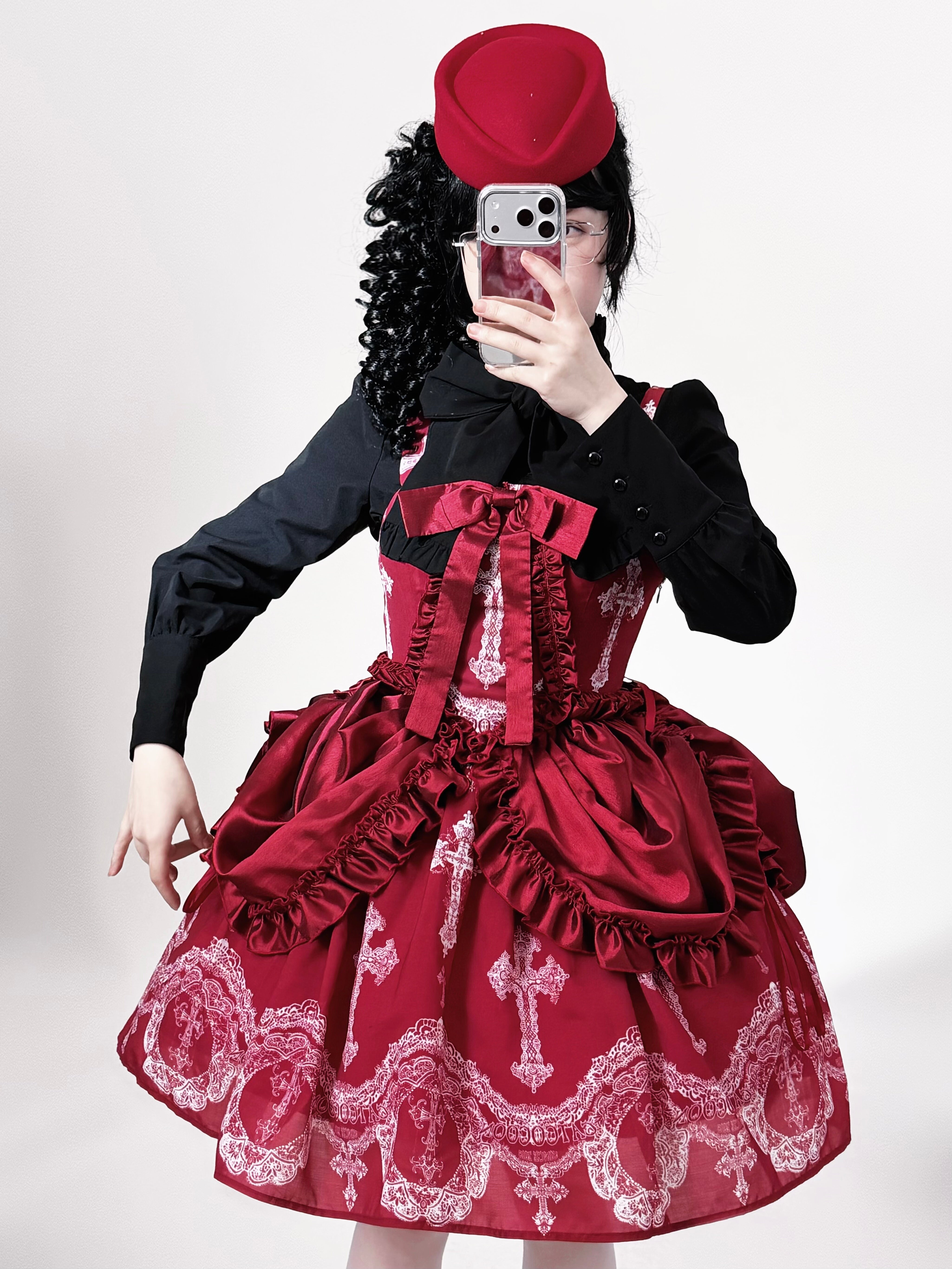 Lace Cross Gothic Lolita JSK Red Set