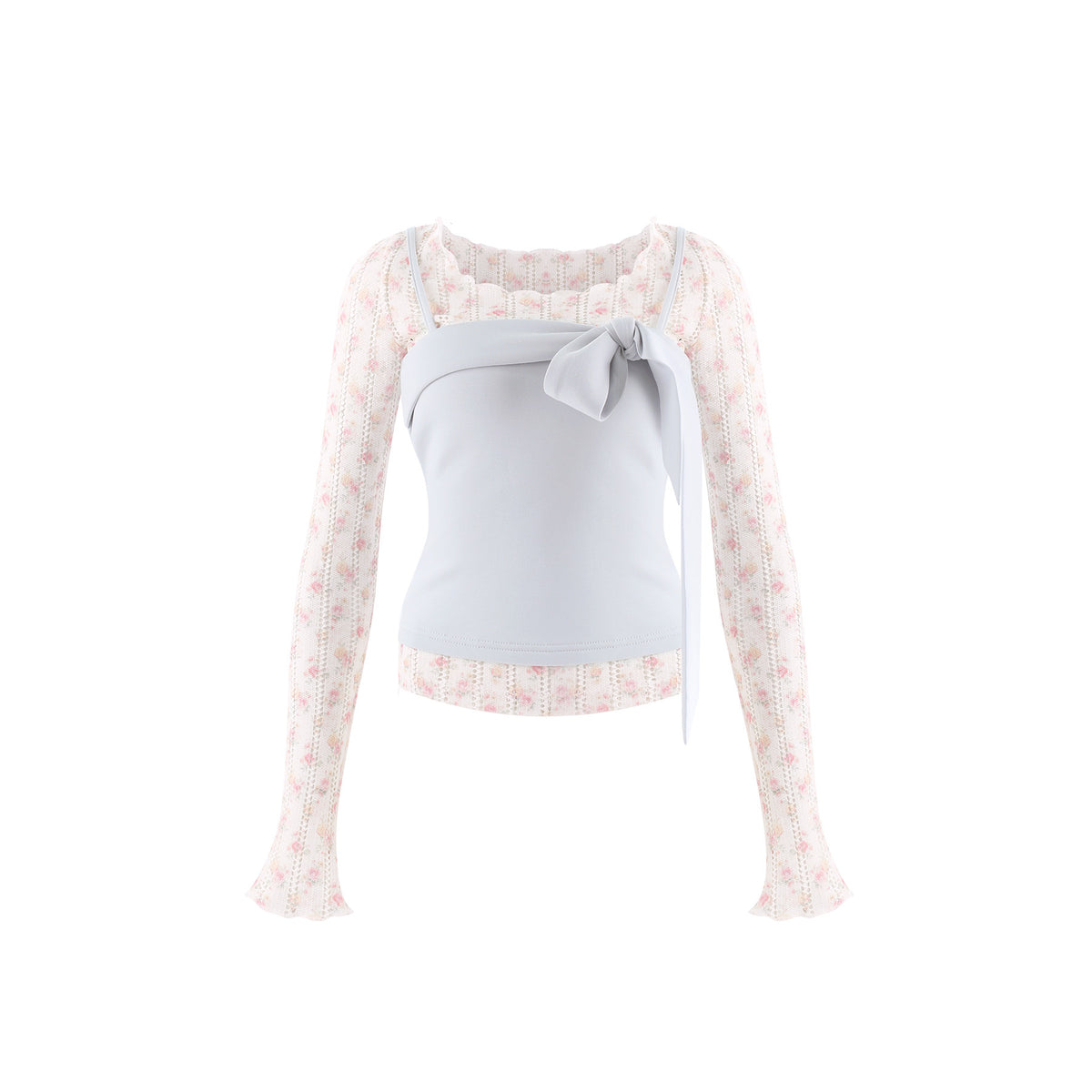 Daily Blue White Floral Cutout Top Off-White Short Skirt Girly Autumn Set
