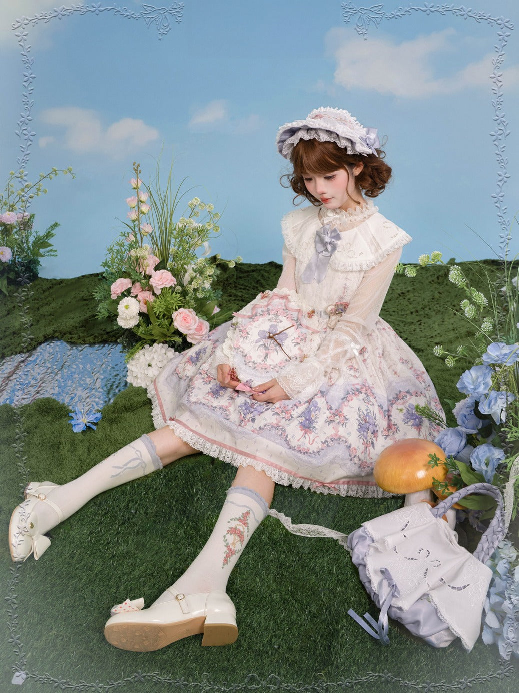 Iris Clock Lolita Flutter Sleeves Printed OP & Cut‑Work Embroidered Lapel JSK