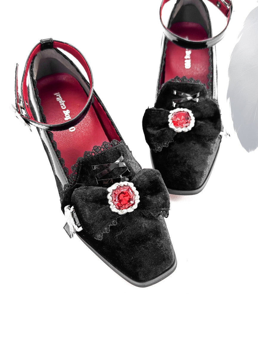 Night Banquet Black Square Toe Gothic Lolita Shoes with Ruby Bow