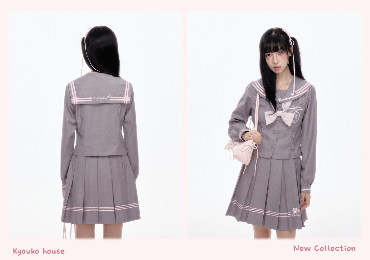 My Melody Gray JK Sailor Uniform Long Sleeve Top Pleated Skirt Bow Tie Set