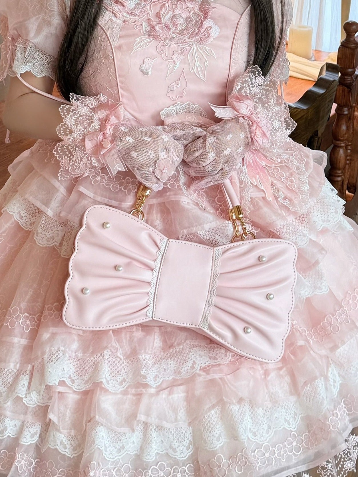 Pearl Bow Lace Trim Lolita Handbag