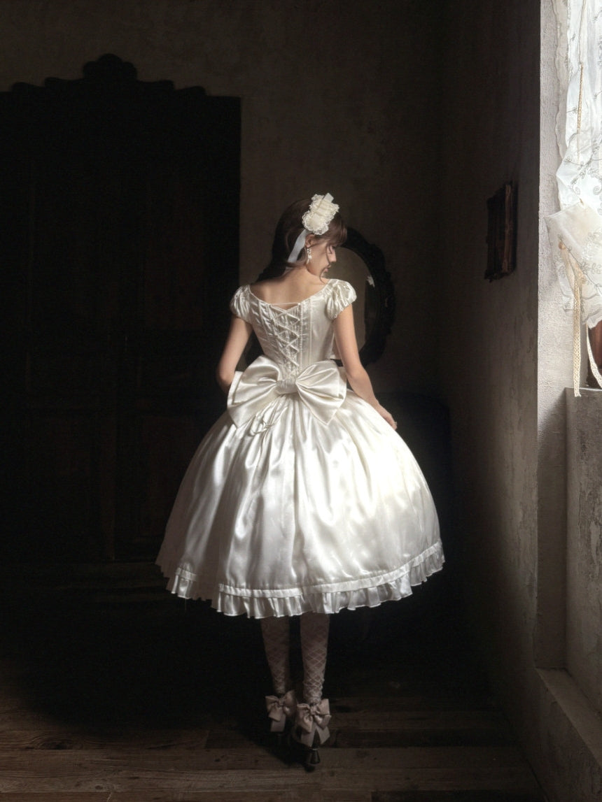 Silver Satin Box Bow Sash Puff Sleeve Classic Lolita OP Dress