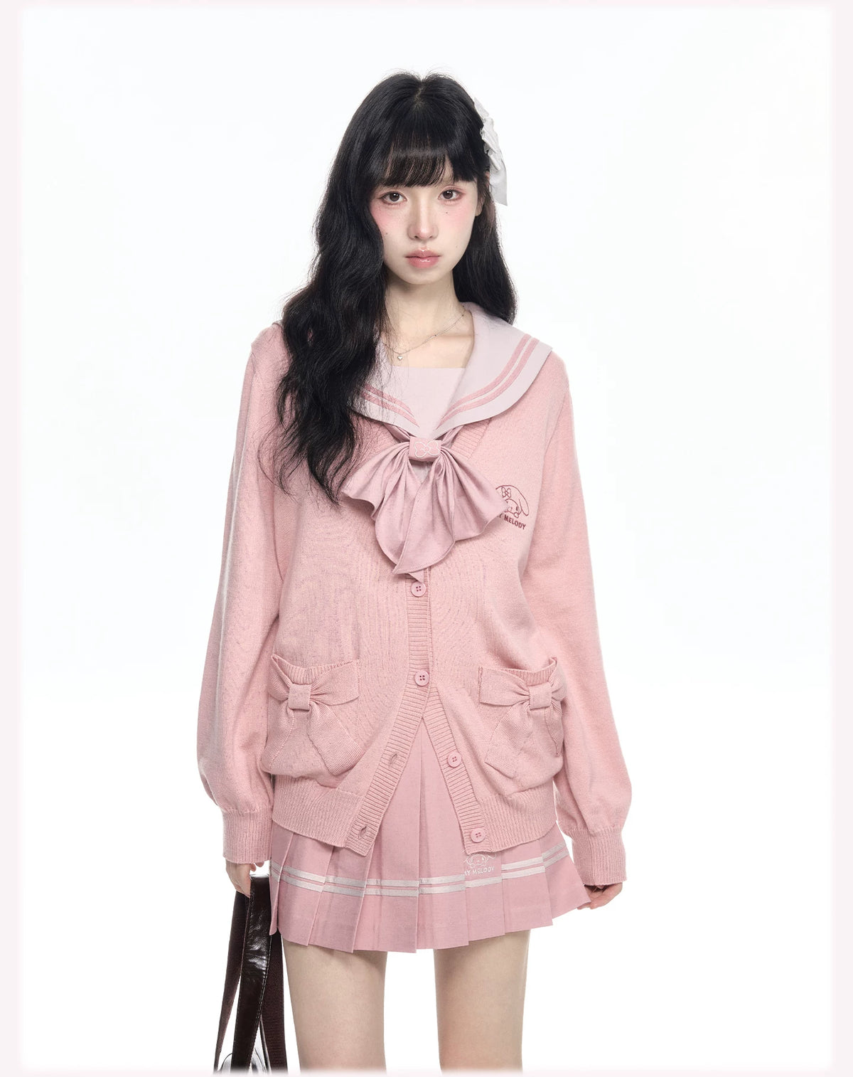 My Melody Pink JK Uniform Knit Cardigan Sailor Top Pleated Skirt Bow Tie Set