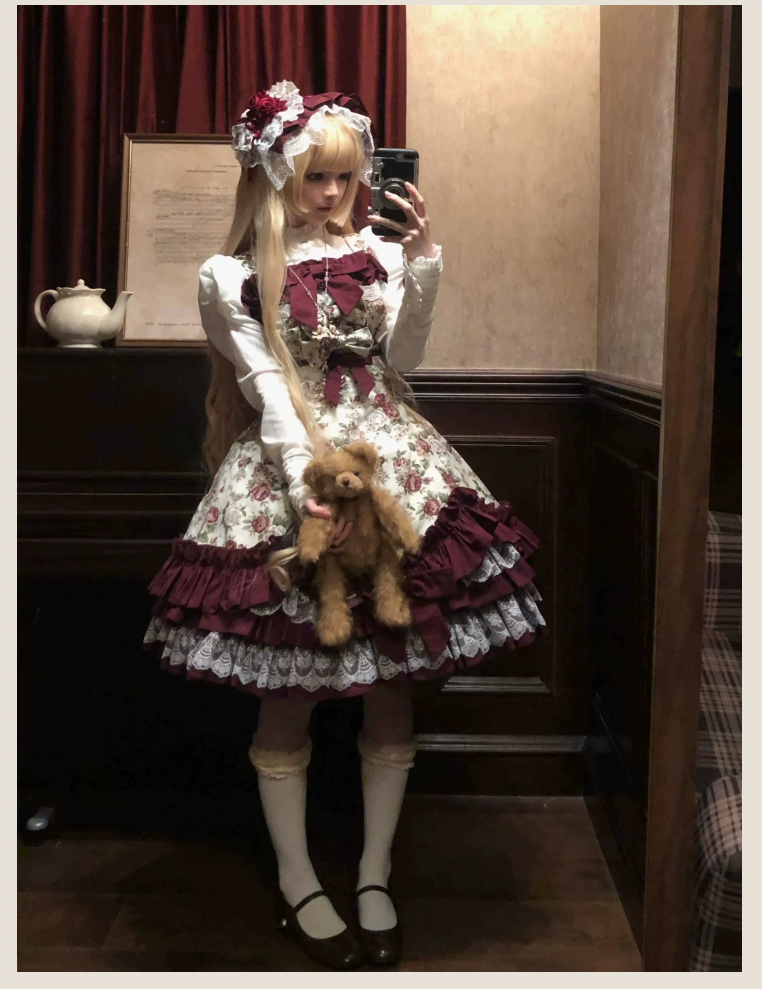 Burgundy Rose Classic Lolita JSK Vintage Japanese Rose Print