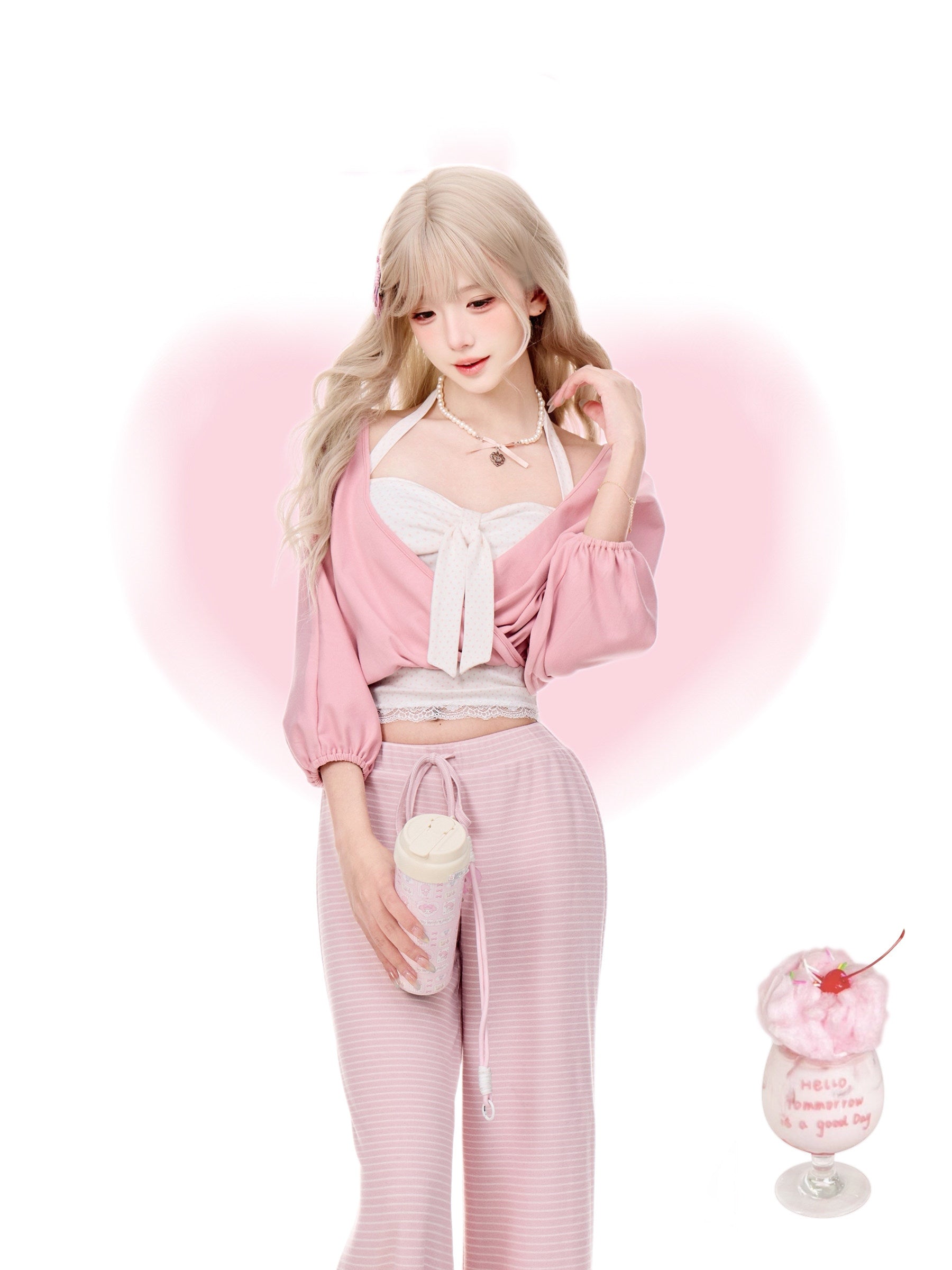Pink Tide Dream Pink Cardigan White Polka Dot Cami Pink Striped Pants Set