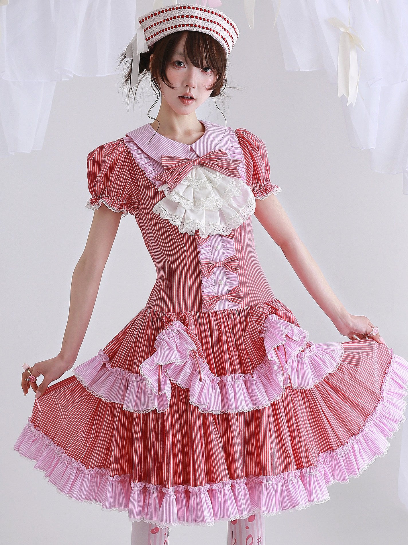 Candy Cottage Showa Retro Pink Striped Dress