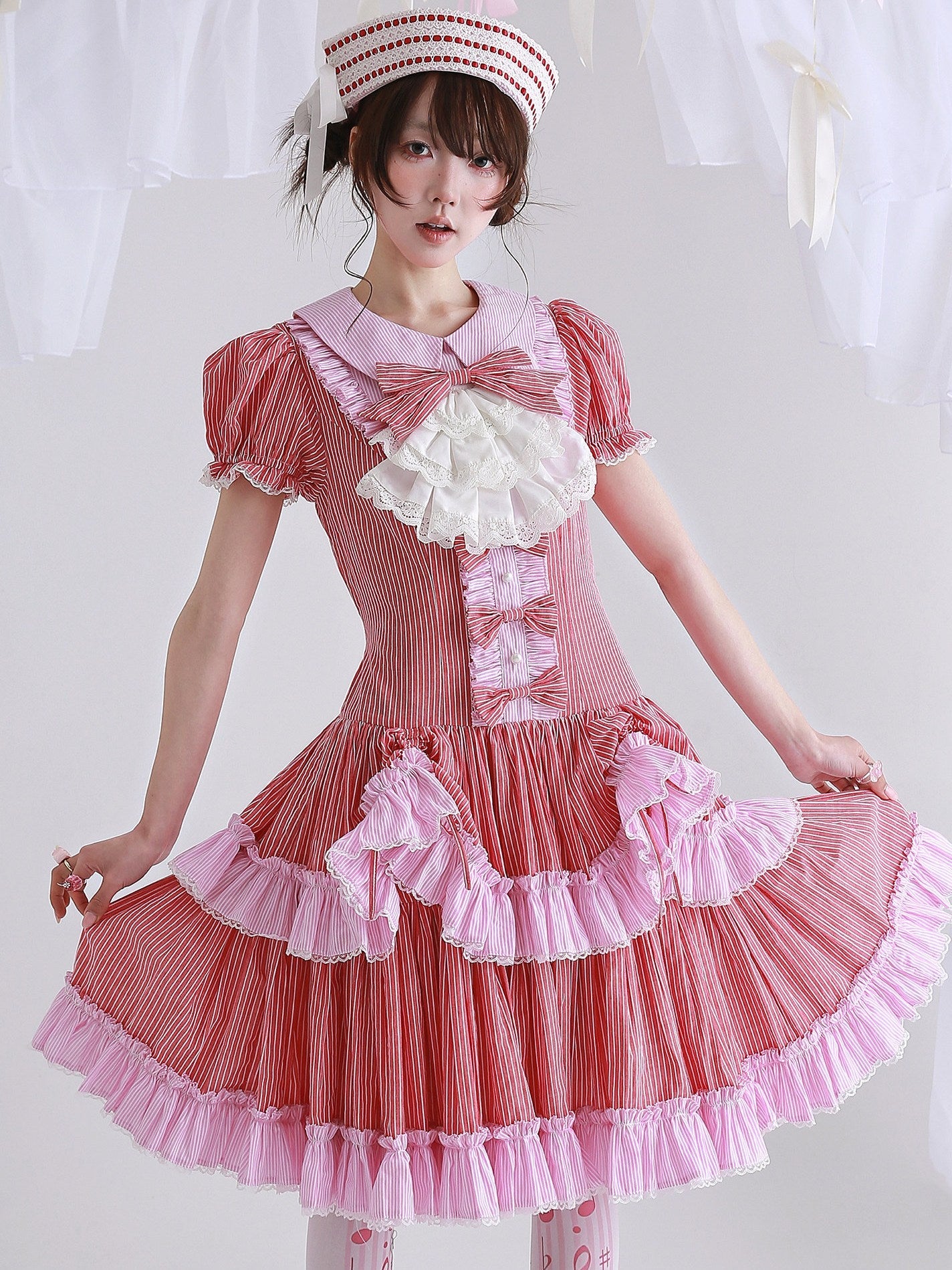 Candy Cottage Showa Retro Pink Striped Dress