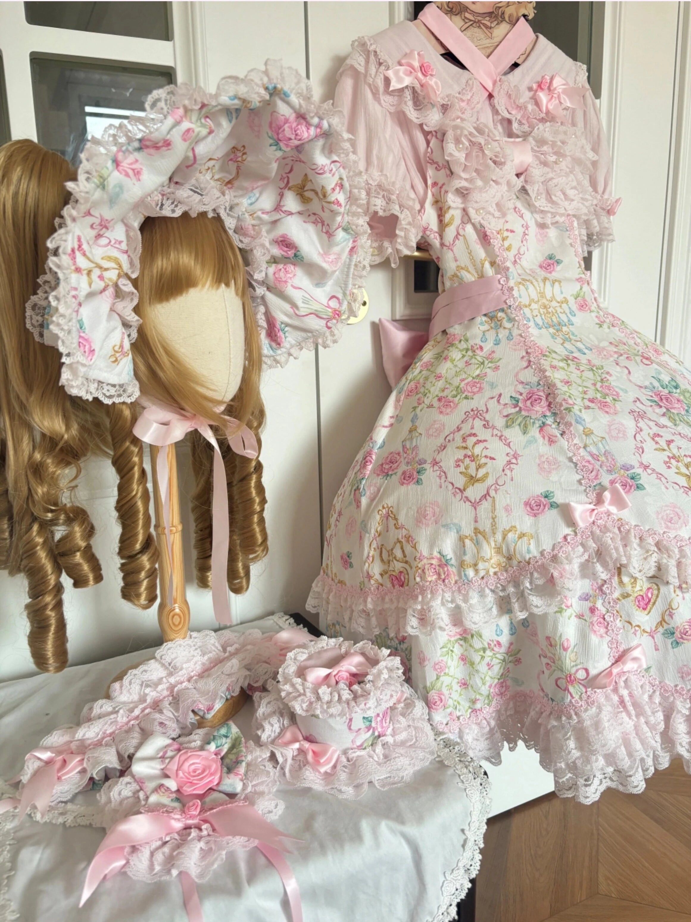 Spring 2025 Vintage Flower Wall Chandelier Rose Print Sweet Lolita JSK Dress