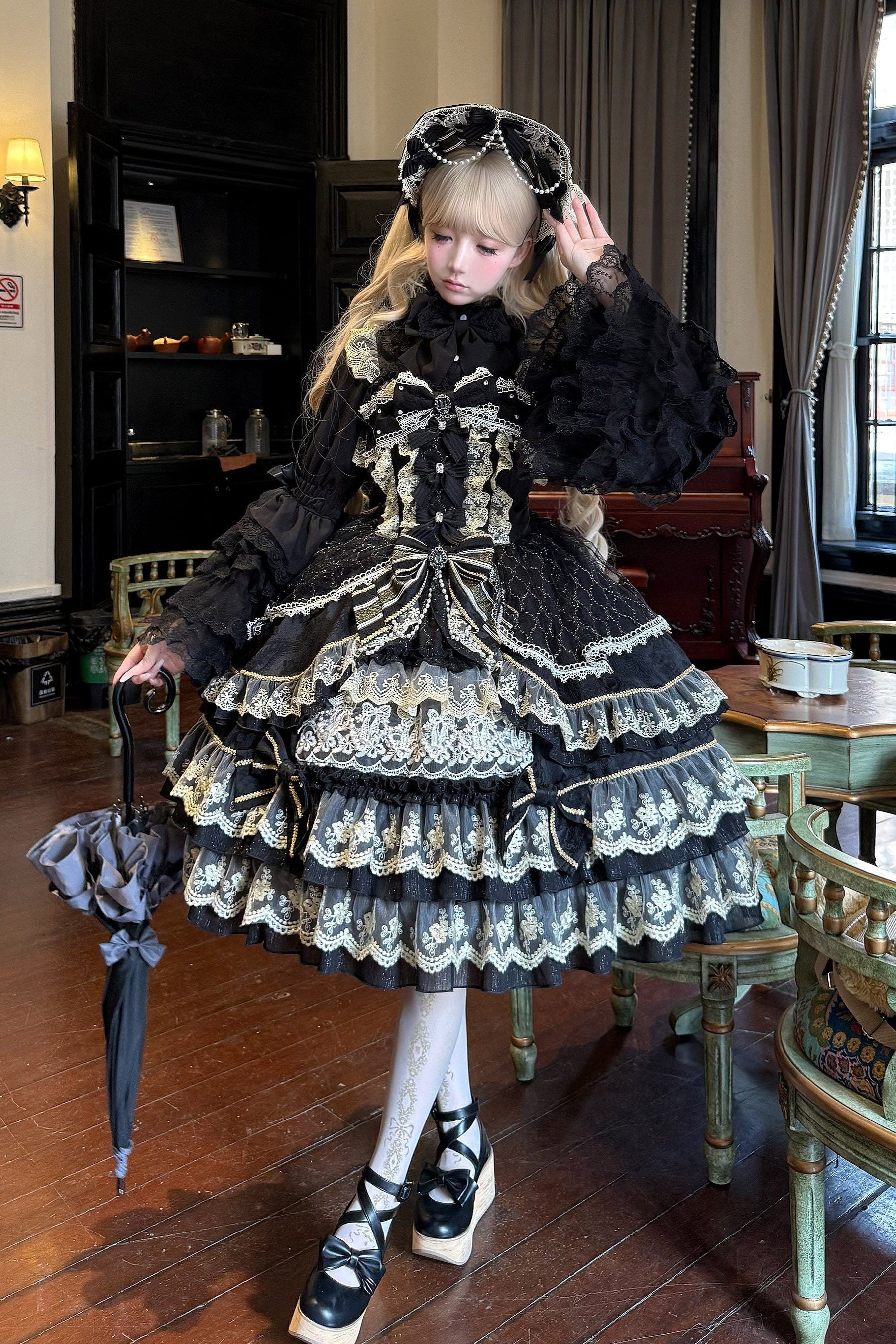 Crown of Gems Lolita Original Doll‑Like Strap JSK Black Dress