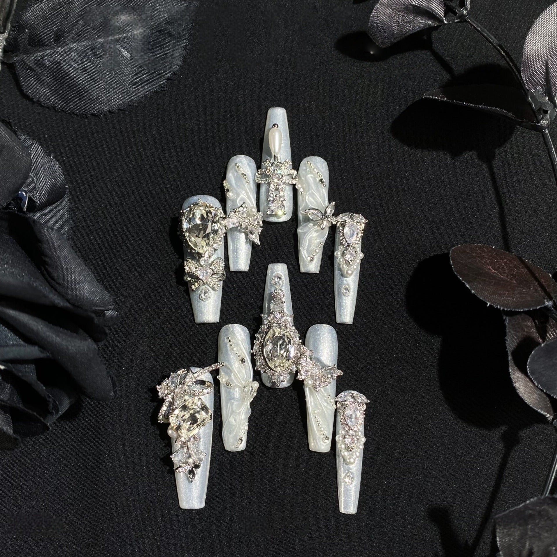 White Moonlight Silk Pearl Bridal Lolita Nail Art