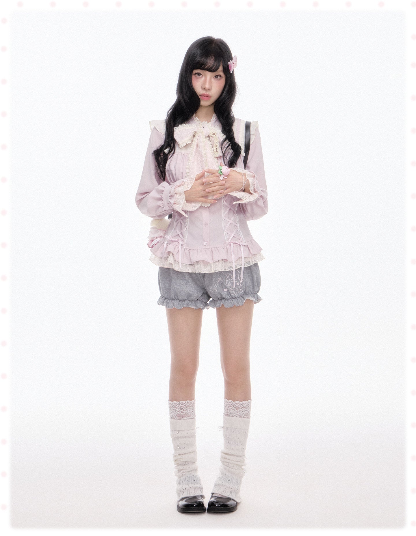 My Melody Corset Lace Ruffle Blouse Gray Tiered Skirt Bloomer Shorts Set