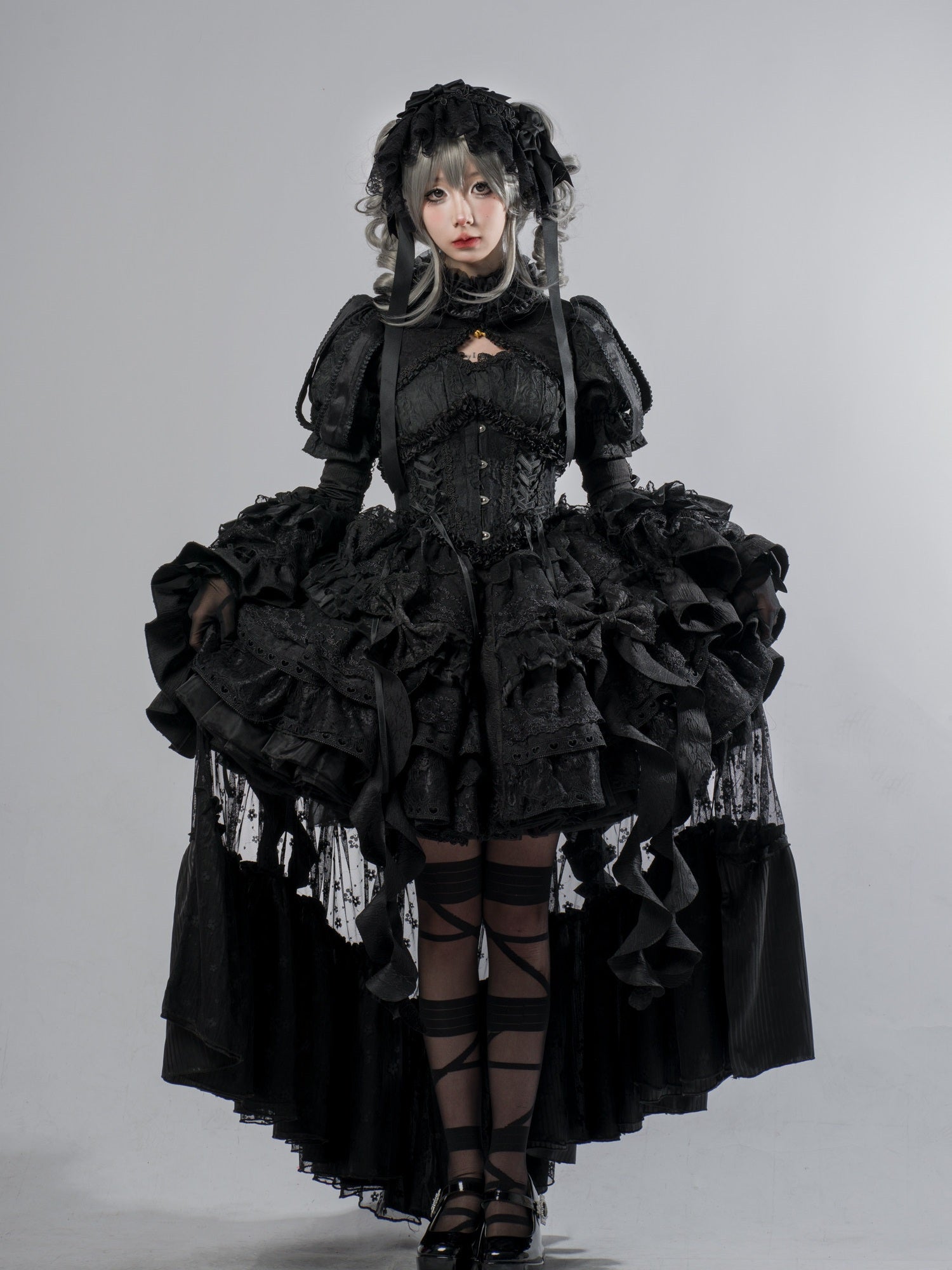 Caliburn Vintage Gothic Black & White Lolita JSK Full Set