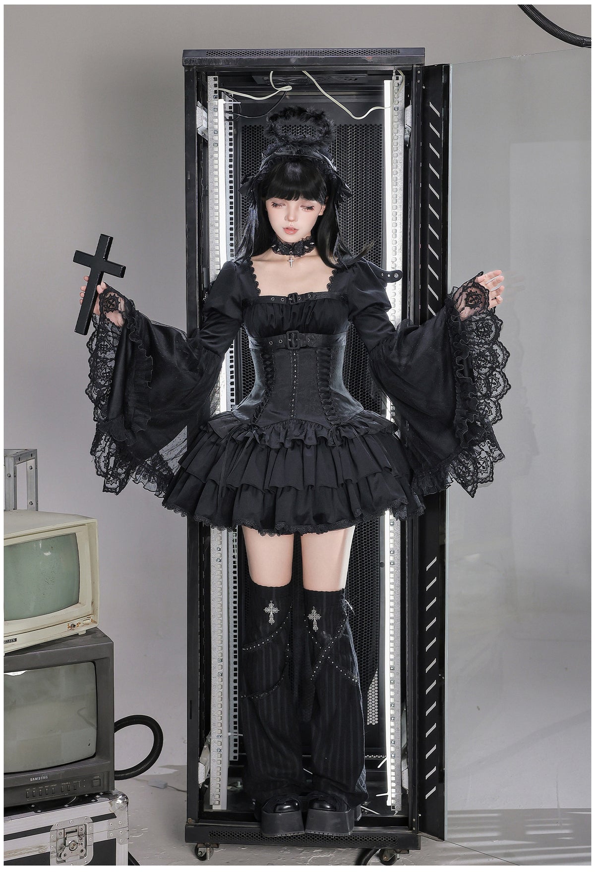 White Night Feather Lolita Sweet Cool Hime Sleeve Mini Dress Set