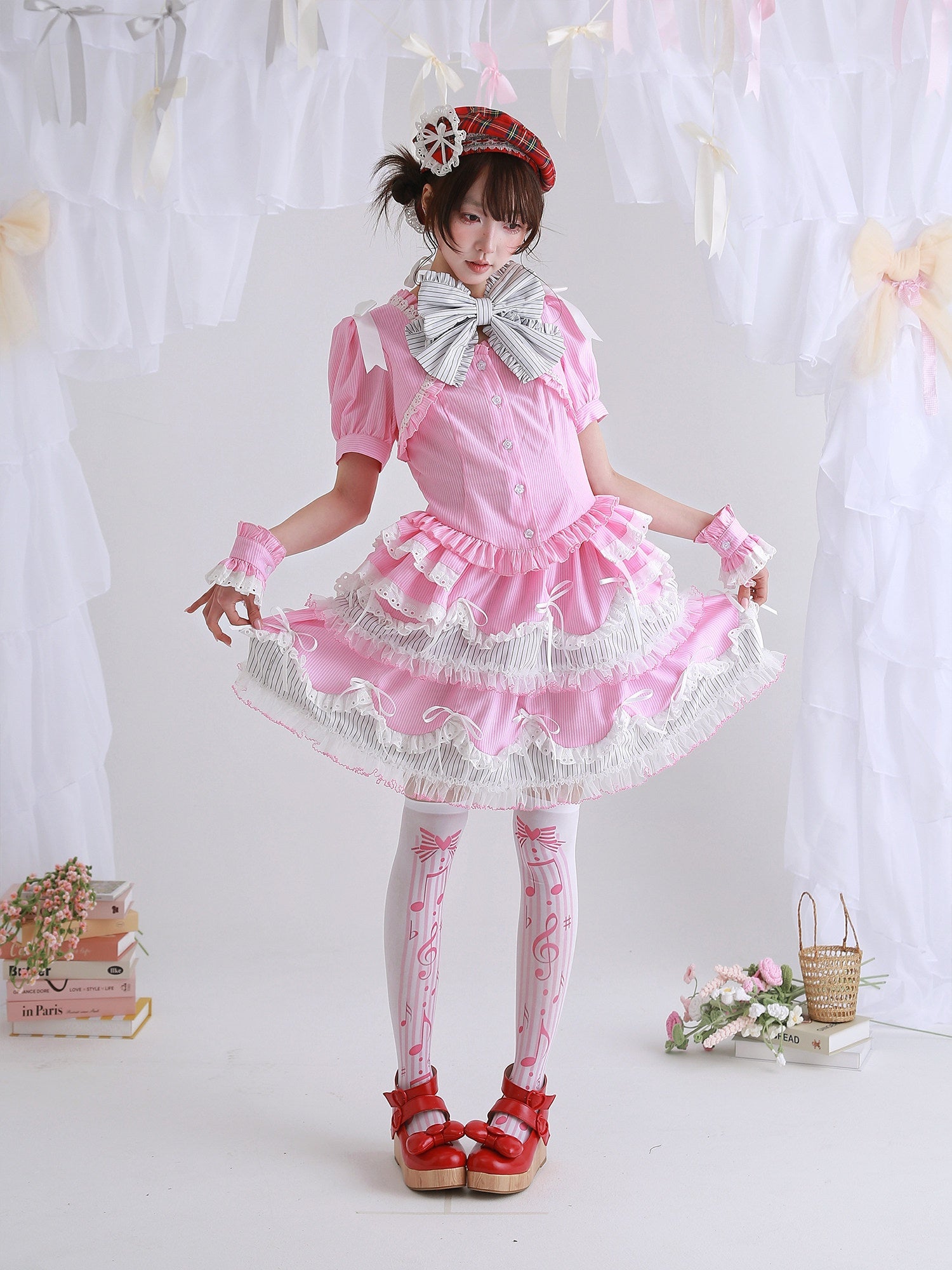 Candy Cottage Showa Retro Pink Striped Set