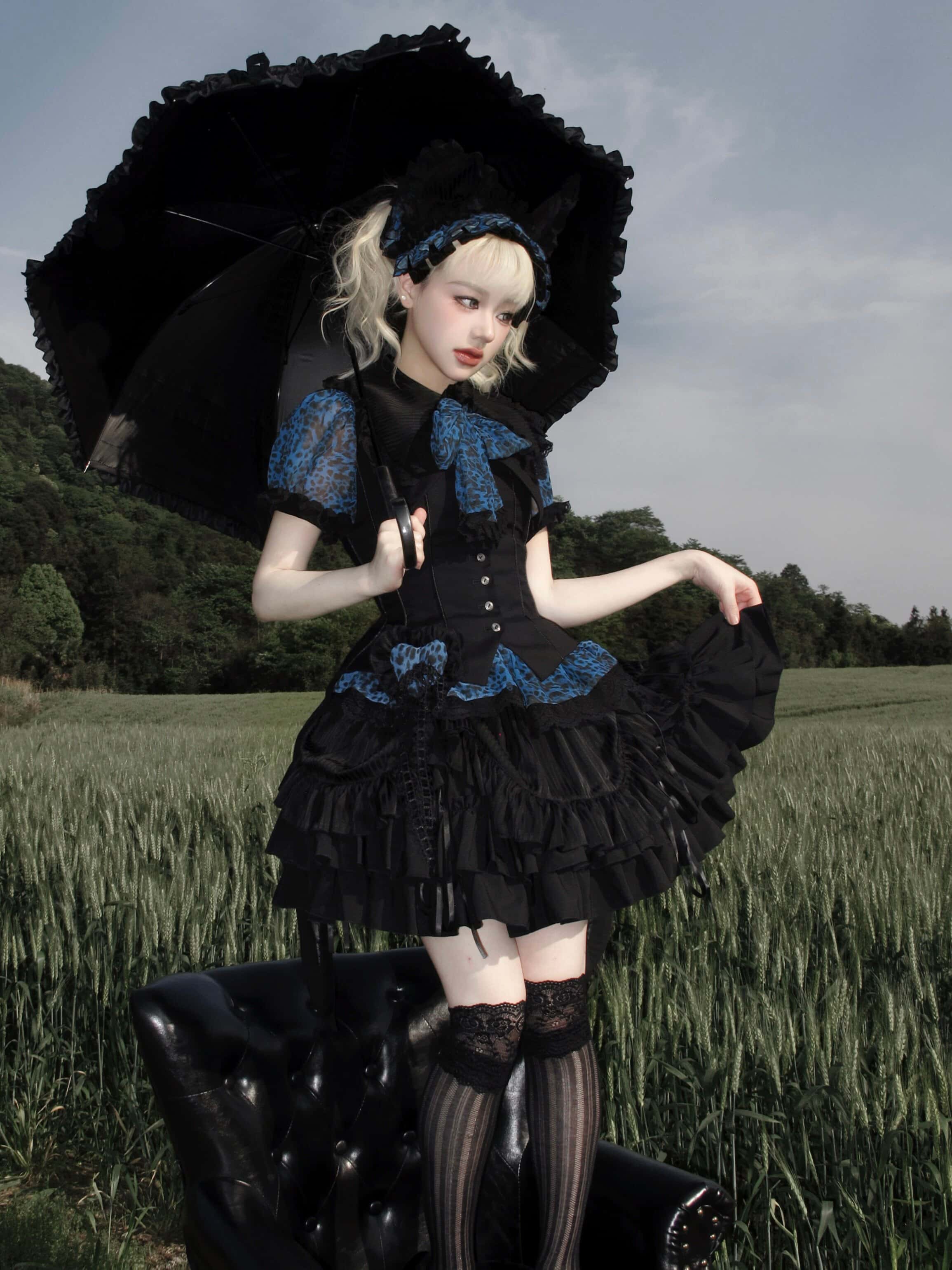 Bengal Cat Gothic Lolita Blue Blouse & Skirt Set