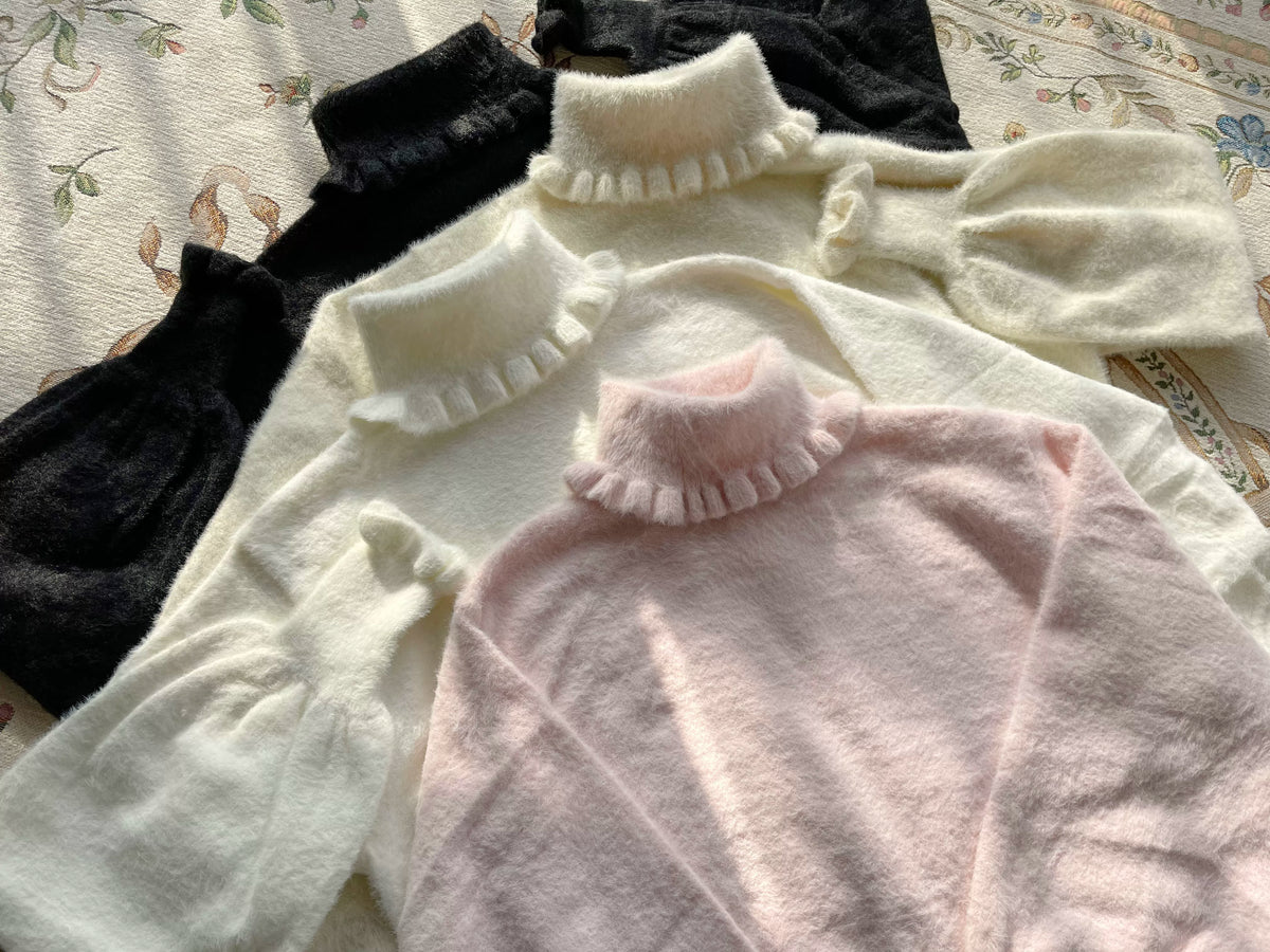 Sweet Lolita Faux Mink Knit Puff Sleeve Sweater with Collar Options