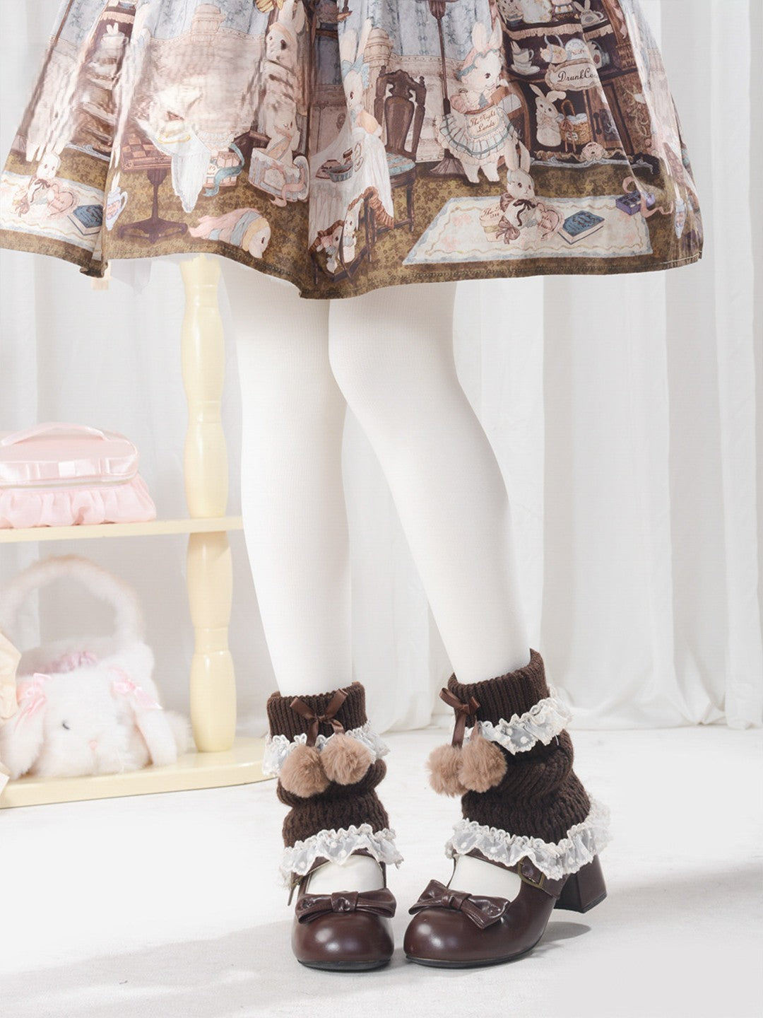 Sweet Wool Blend Pom Pom Bow Lace Trim Lolita Leg Warmers