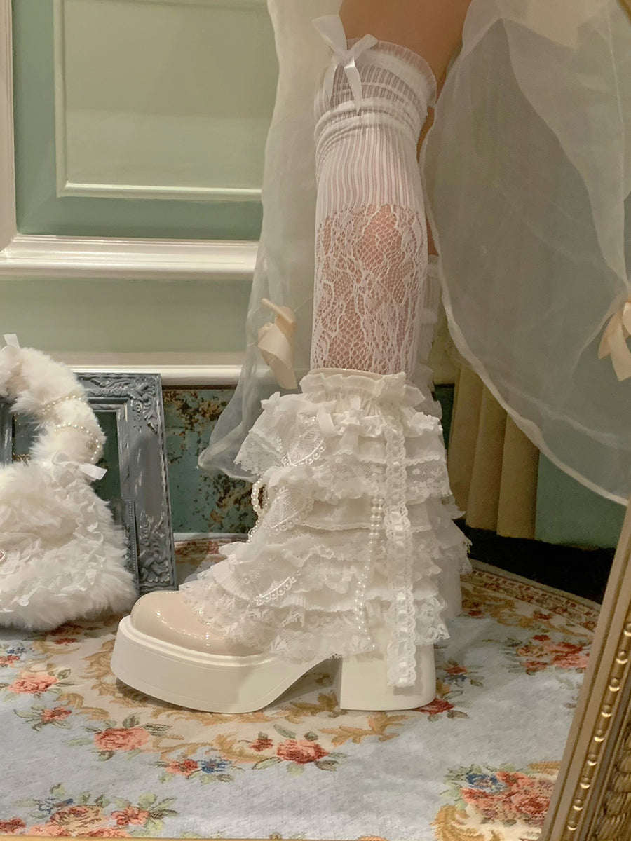 Lolita Pearl Lace Patent Leather White Ankle Boots LE5005