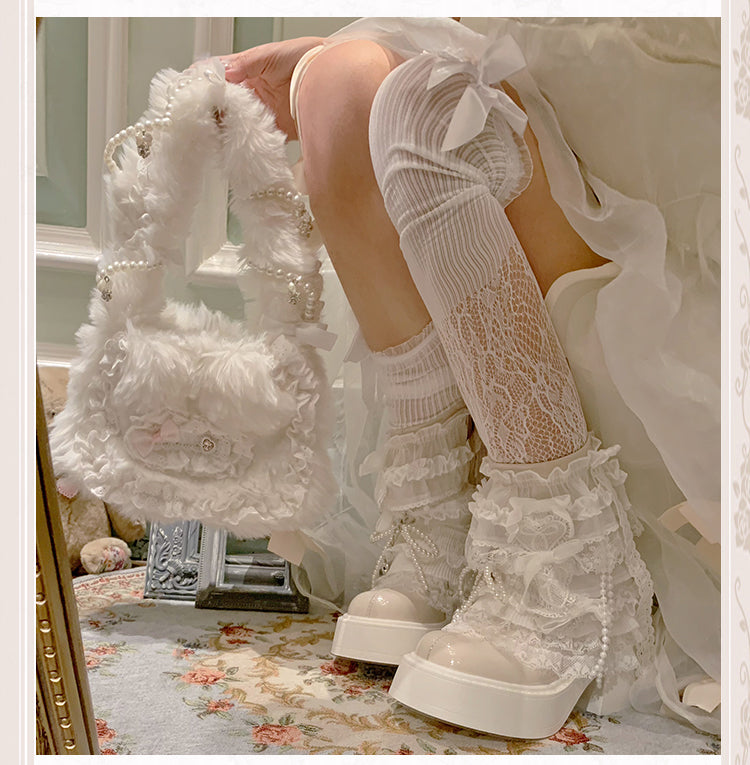Lolita Pearl Lace Patent Leather White Ankle Boots LE5005