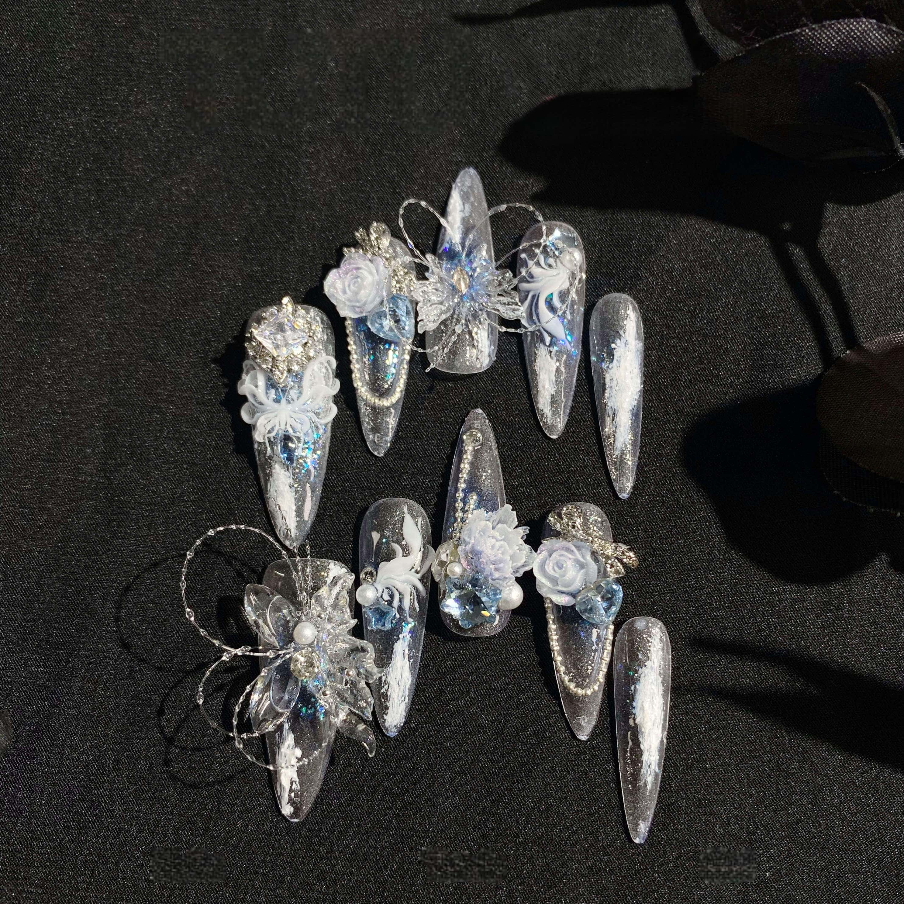 Mirror Reverie Blue Butterfly Stiletto Long Lolita Nail Art