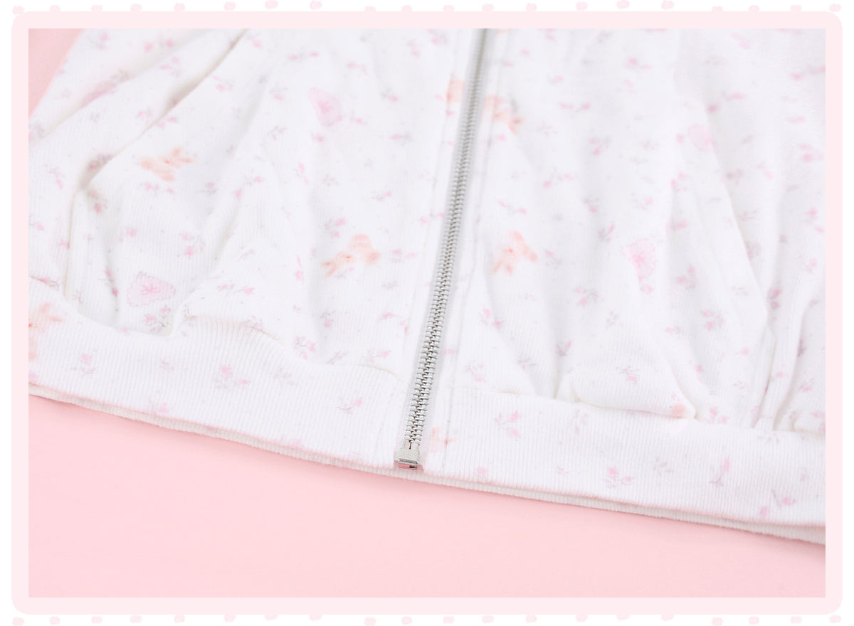 Star Fall Floral White Hooded Jacket Pink Camisole White Floral Shorts Girly Set