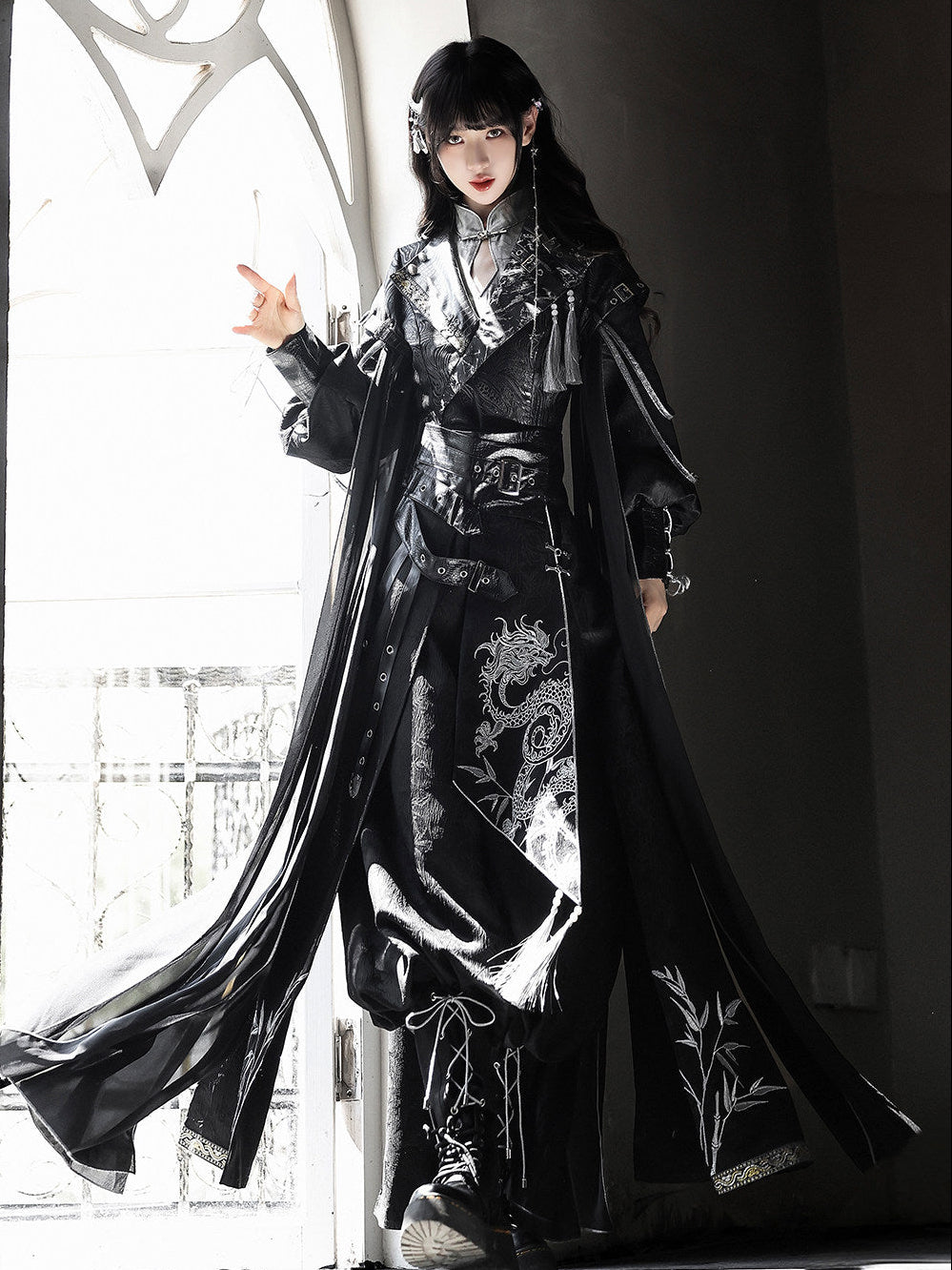 Shadow Dragon Black Silver Dragon Embroidery Oriental Hanfu Modern Set