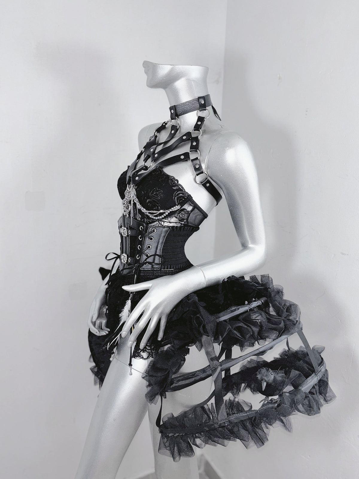 Fallen Angel Dark Raven Poem Prison Gothic Corset & Birdcage Skirt Set