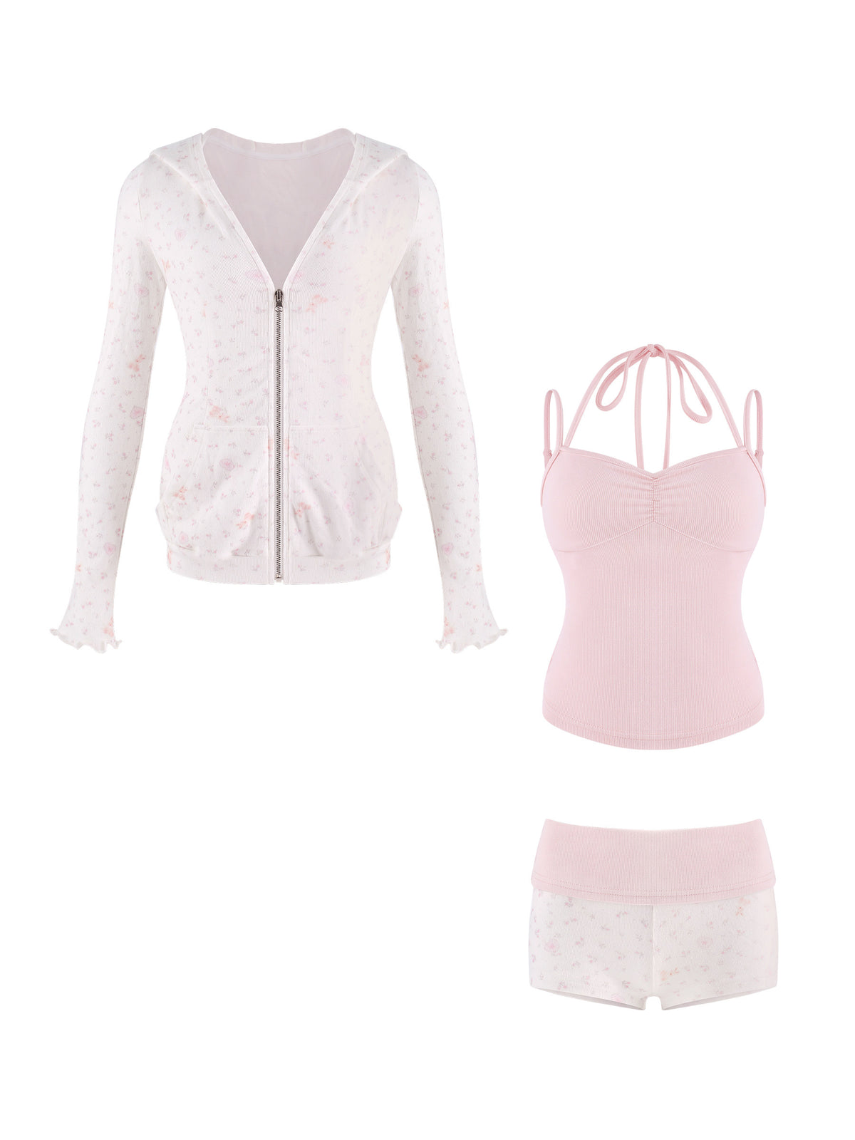 Star Fall Floral White Hooded Jacket Pink Camisole White Floral Shorts Girly Set
