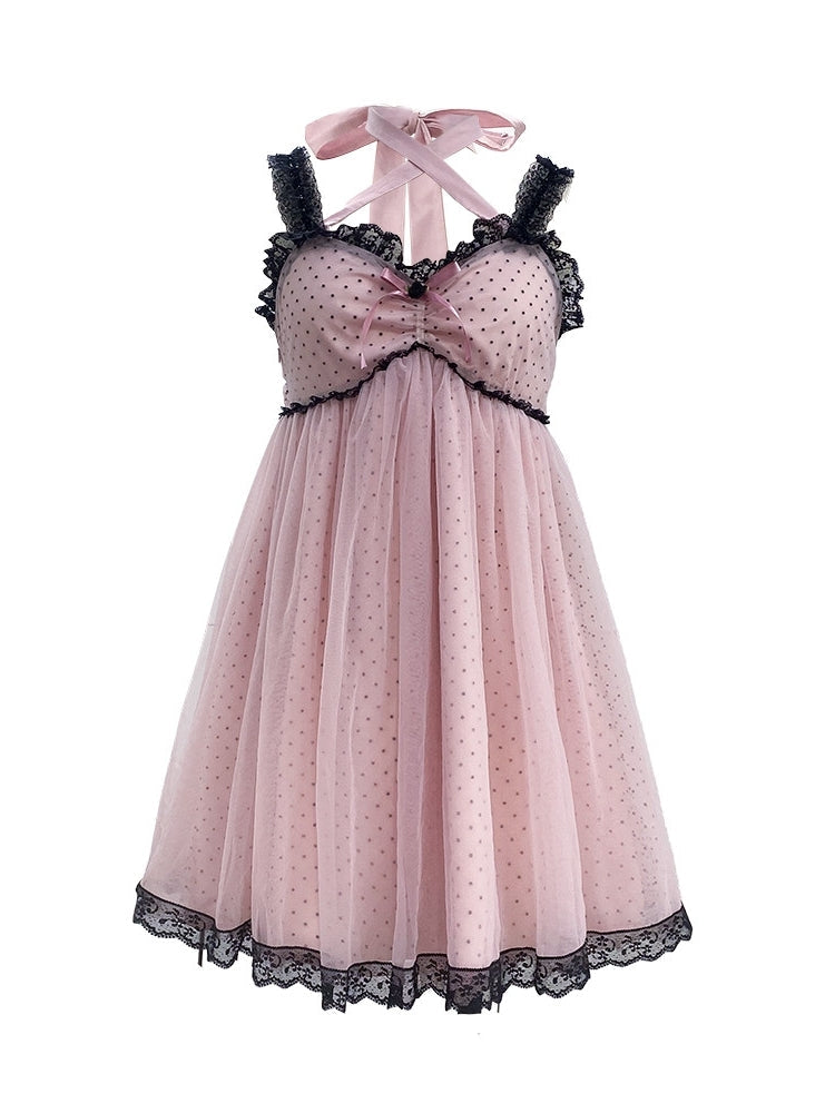 Black Pink Polka Dot Lace Cami Dress