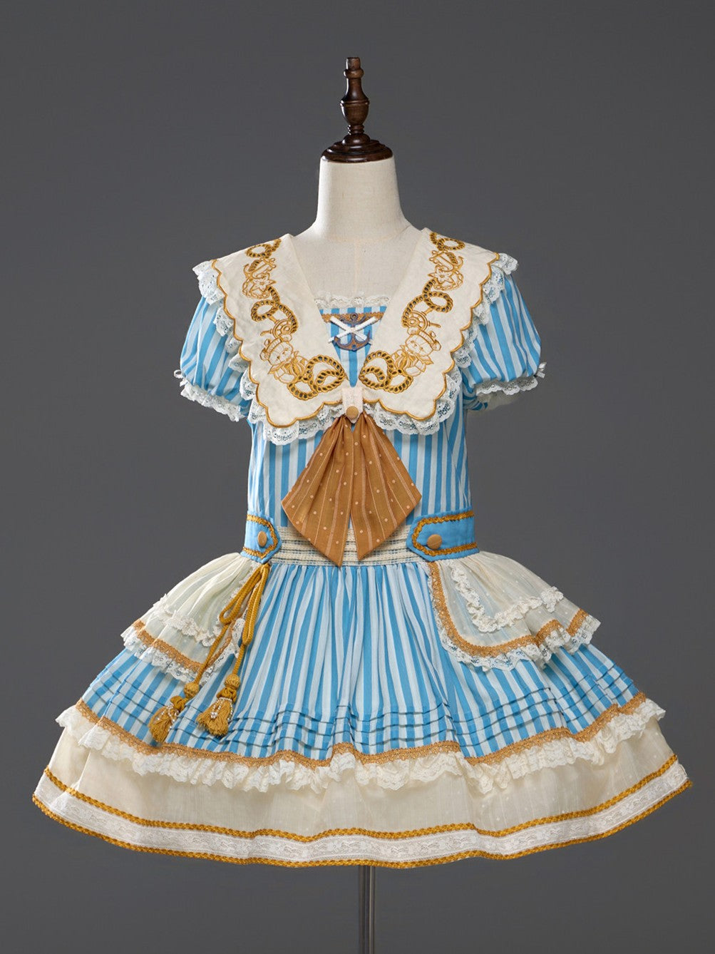 Antique Sailor Bear Blue Stripe Low Waist Lolita OP Dress