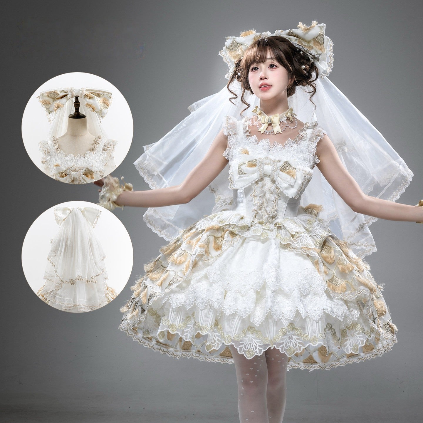 Peacock Feather SP Bridal Lolita White & Gold JSK Dress