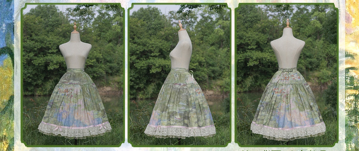 Ensemble Robe et Corset Lolita Classique "Le Jardin de Monet" (Peinture à l'Huile)