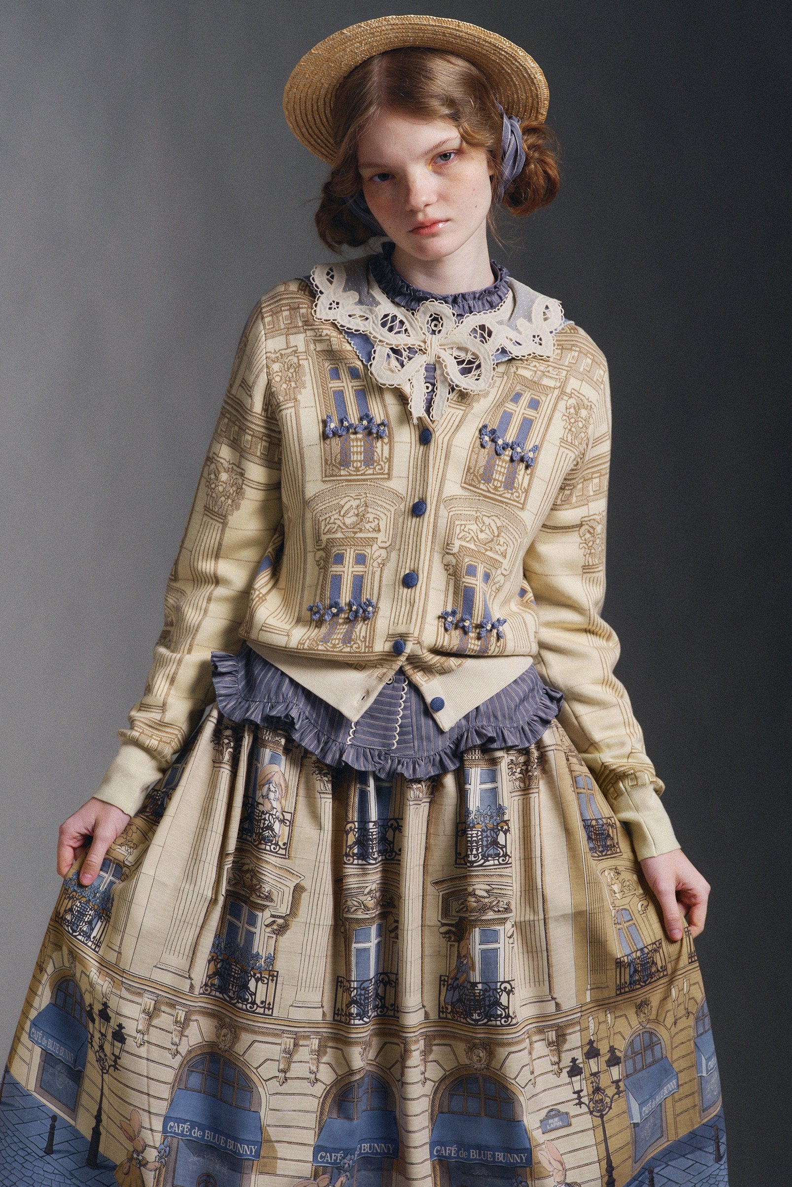 French Antique Stripe Lace Embroidery Sailor Collar Fitted Blouse
