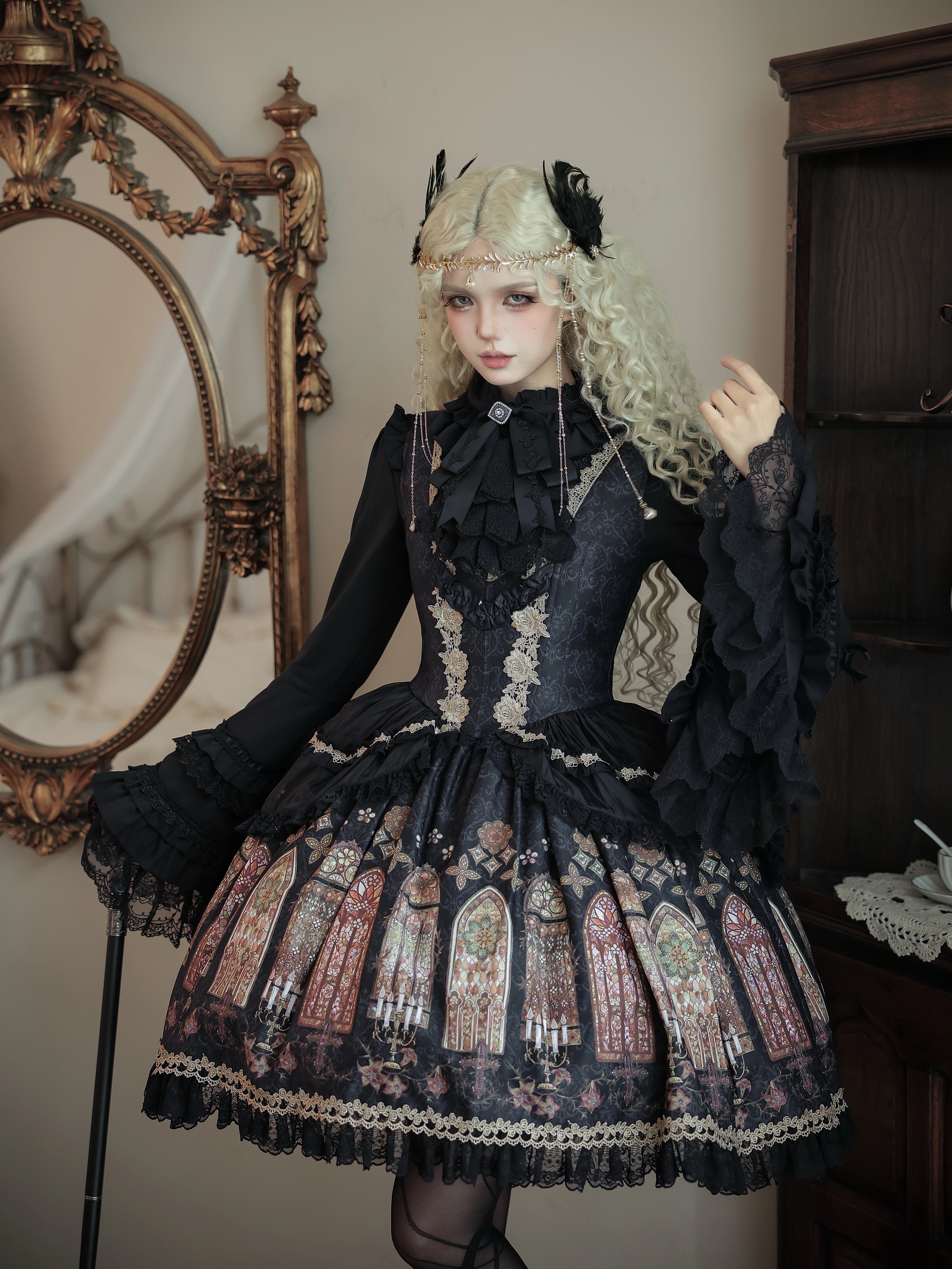 Dark Gothic Cathedral Stained Glass Print Lolita JSK & Blouse Set
