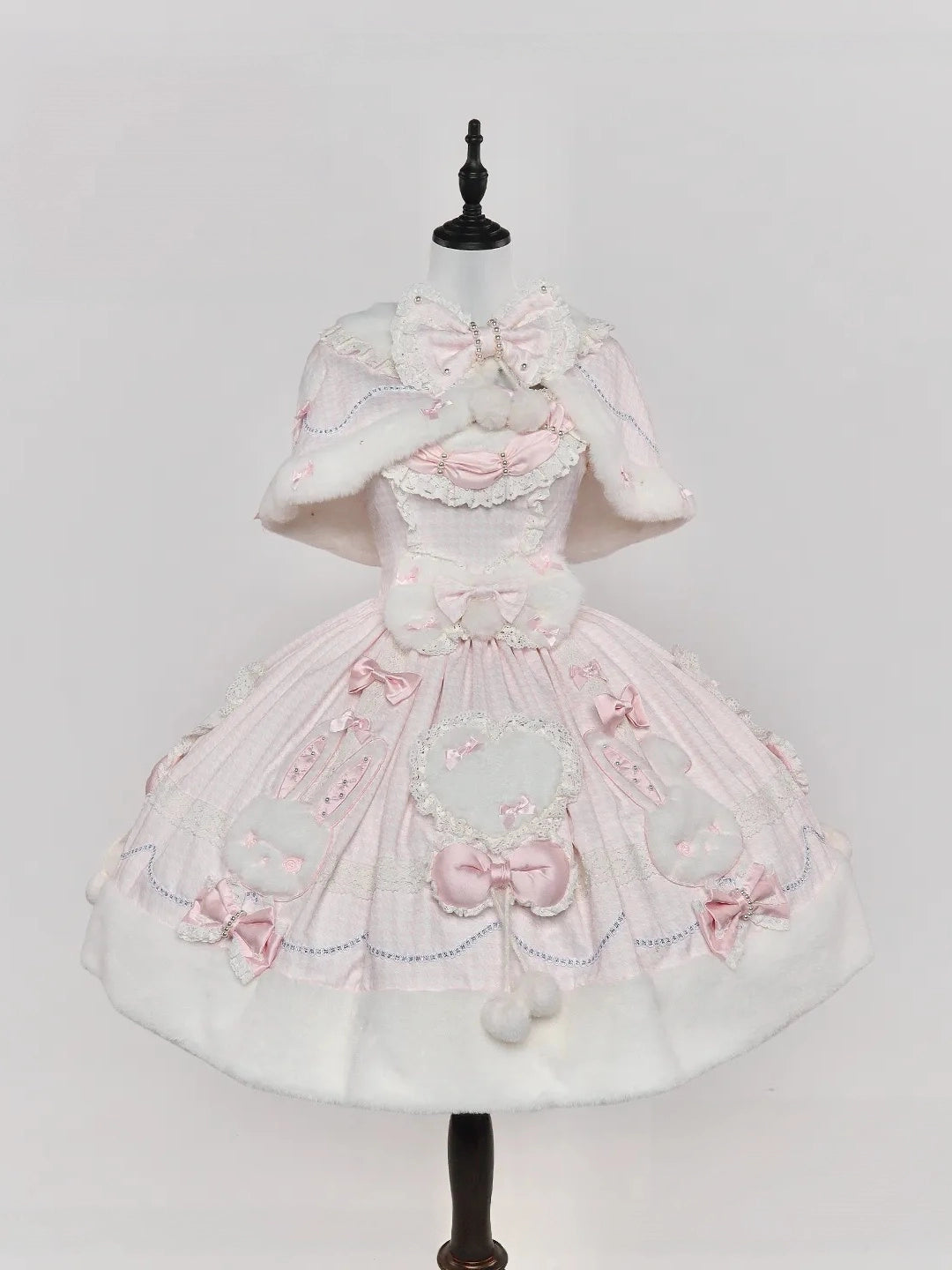 Bunny Ball 2.0 Lolita Winter Doll Style JSK Cape Set Pink Plaid Version
