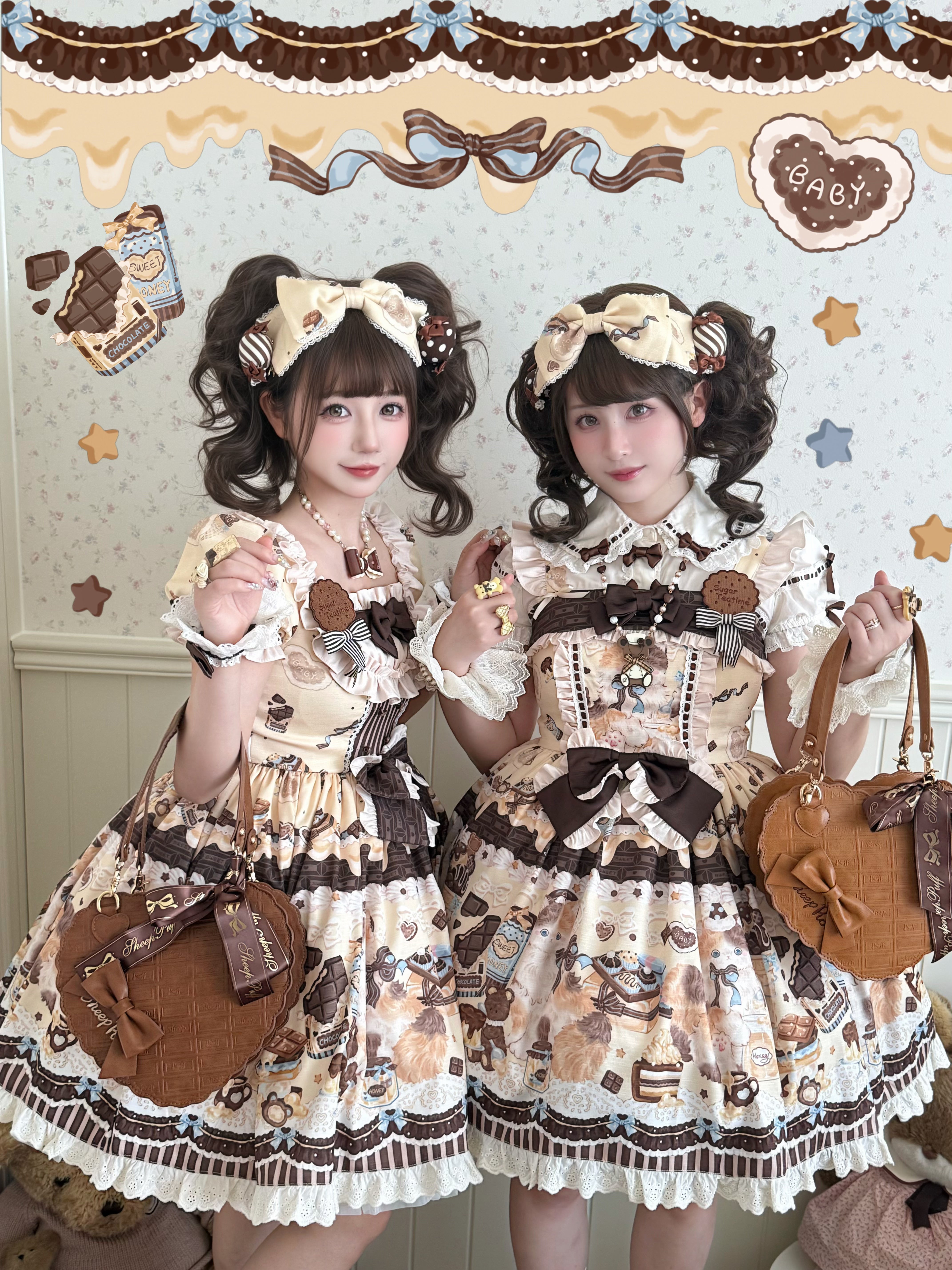 Chocolate Cake Party Mint Green Beige Honey Cat Print Sweet Lolita JSK Dress