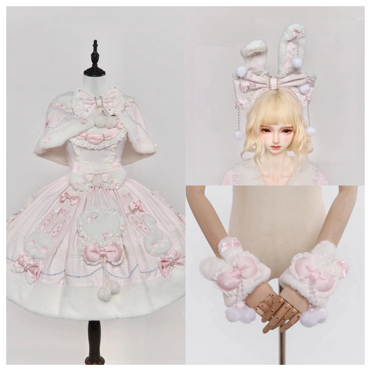 Bunny Ball 2.0 Lolita Winter Doll Style JSK Cape Set Pink Plaid Version