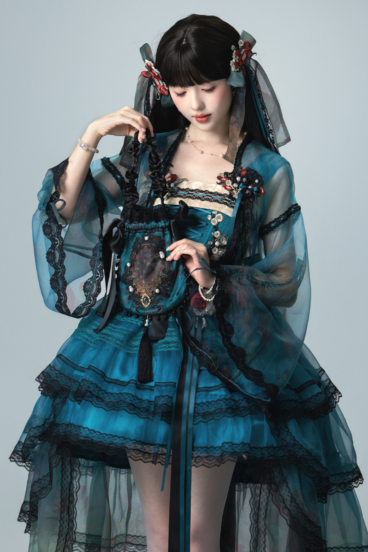 Misty New Dawn Peacock Blue Classic Lolita Short JSK Tea Party Set