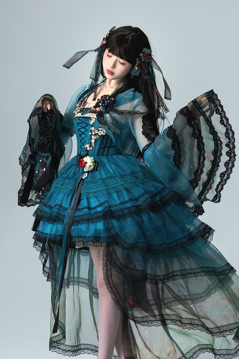 Misty New Dawn Peacock Blue Classic Lolita Short JSK Tea Party Set
