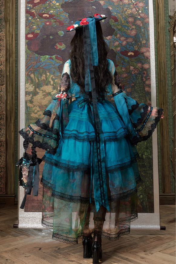 Misty New Dawn Peacock Blue Classic Lolita Short JSK Tea Party Set