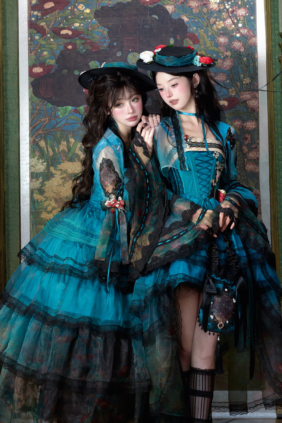 Misty New Dawn Peacock Blue Classic Lolita Long JSK Tea Party Set